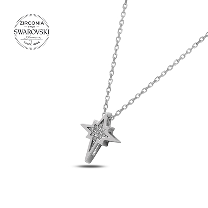 Resim Rodyum Kaplama Swarovski Zirkon Taşlı Kuzey Yıldızı Gümüş Bayan Kolye