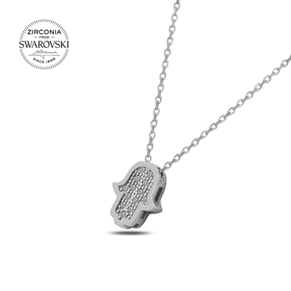 Resim Rodyum Kaplama Swarovski Zirkon Taşlı Fatma Ana Eli Gümüş Bayan Kolye
