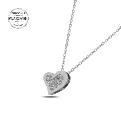 Resim Rodyum Kaplama Swarovski Zirkon Taşlı Kalp Gümüş Bayan Kolye