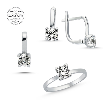 Resim Rodyum Kaplama Swarovski Zirkon Taşlı Tektaş Gümüş Bayan Set