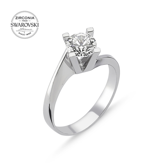 Ürün resmi: Rodyum Kaplama Swarovski Zirkon Taşlı Tektaş Gümüş Bayan Yüzük