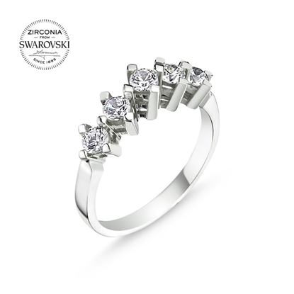 Resim Rodyum Kaplama Swarovski Zirkon Taşlı Beştaş Gümüş Bayan Yüzük