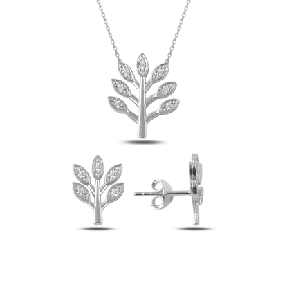 Resim Rodyum Kaplama Zirkon Taşlı Yaprak Gümüş Bayan Set