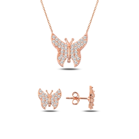 Ürün resmi: Rose Kaplama Zirkon Taşlı Kelebek Gümüş Bayan Set
