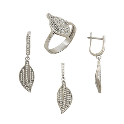 Resim Zirkon Taşlı Yaprak Gümüş Bayan Set