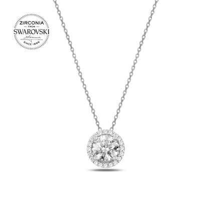 Resim Rodyum Kaplama Swarovski Zirkon Taşlı Yuvarlak Gümüş Bayan Kolye