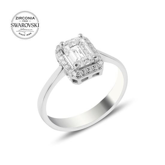 Ürün resmi: Rodyum Kaplama Swarovski Zirkon Baget Taşlı Tektaş Gümüş Bayan Yüzük