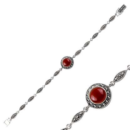 Resim Oniks (Siyah Doğal Taş) Markazit & Doğal Taşlı Gümüş Bayan Bileklik