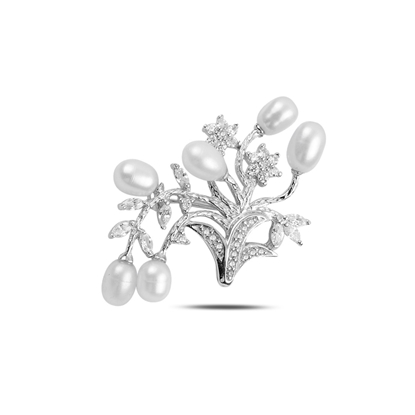 Resim Rodyum Kaplama İnci & Zirkon Taşlı Gümüş Broş