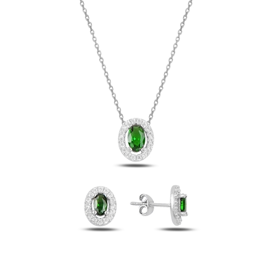 Ürün resmi: Rodyum Kaplama Zümrüt Zirkon (Yeşil) Oval Renkli Zirkon Taşlı Gümüş Bayan Set