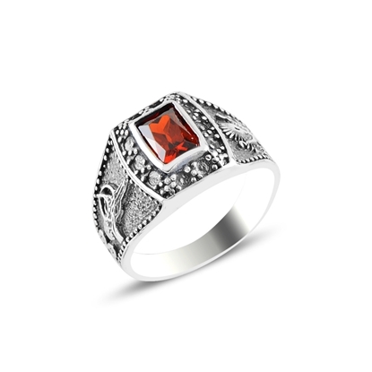 Resim Osmanlı Devlet Arması & Tuğra Garnet Zirkon Taşlı Gümüş Erkek Yüzük