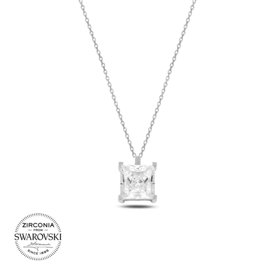 Ürün resmi: Rodyum Kaplama Swarovski Zirkon Taşlı Kare Gümüş Bayan Kolye