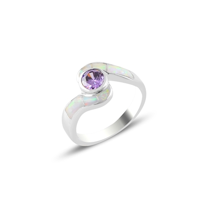 Resim Rodyum Kaplama Opal & Zirkon Taşlı Gümüş Bayan Yüzük