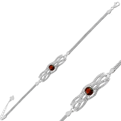 Resim Rodyum Kaplama Garnet Zirkon (Koyu Kırmızı) Zirkon Taşlı Gümüş Bayan Bileklik