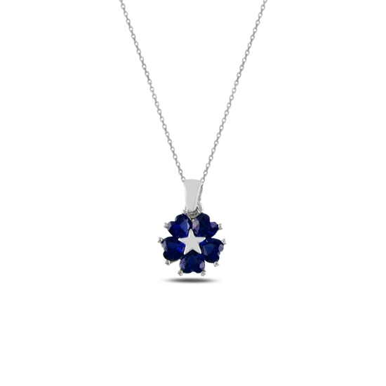 Ürün resmi: Rodyum Kaplama Safir Zirkon (Lacivert) Kalp Zirkon Taşlı Çiçek & Yıldız Gümüş Bayan Kolye