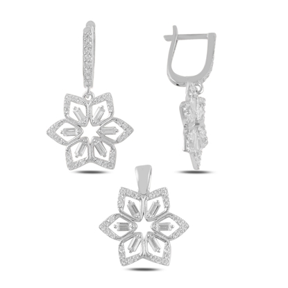 Resim Rodyum Kaplama Çiçek Baget Zirkon Taşlı Sallantılı Gümüş Bayan Set