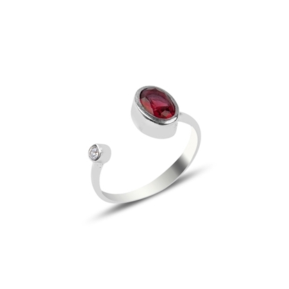 Resim Rodyum Kaplama Garnet Zirkon (Koyu Kırmızı) Renkli Zirkon Taşlı Ayarlanabilir Boylu Gümüş Bayan Yüzük