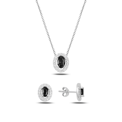 Resim Rodyum Kaplama Siyah Zirkon Oval Renkli Zirkon Taşlı Gümüş Bayan Set