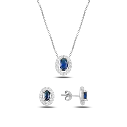 Resim Rodyum Kaplama Safir Zirkon (Lacivert) Oval Renkli Zirkon Taşlı Gümüş Bayan Set