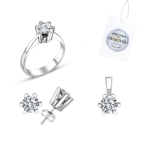 Ürün resmi: Rodyum Kaplama Swarovski Zirkon Taşlı Tektaş Gümüş Bayan Set
