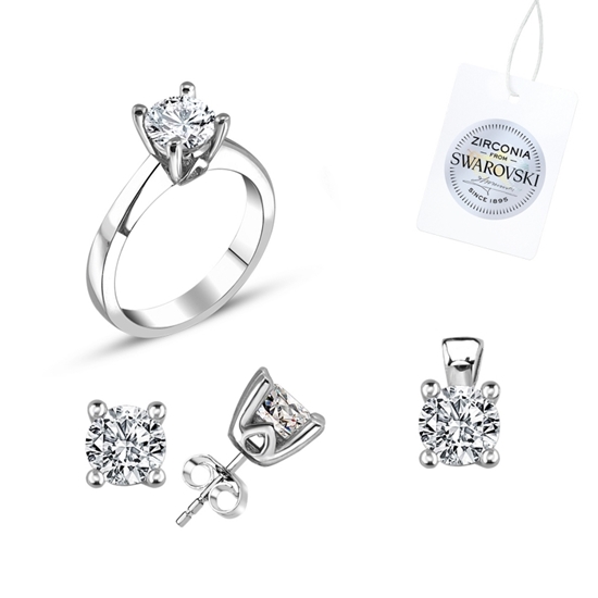Ürün resmi: Rodyum Kaplama Swarovski Zirkon Taşlı Tektaş Gümüş Bayan Set