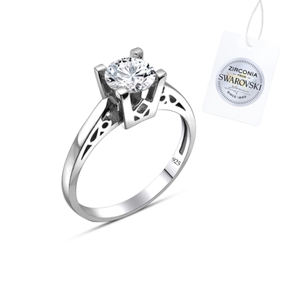 Resim Rodyum Kaplama Swarovski Zirkon Taşlı Tektaş Gümüş Bayan Yüzük