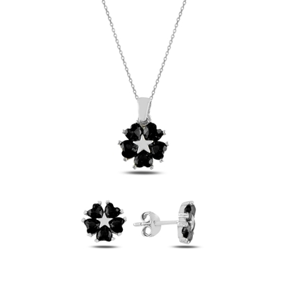 Resim Rodyum Kaplama Siyah Zirkon Kalp Zirkon Taşlı Çiçek & Yıldız Gümüş Bayan Set