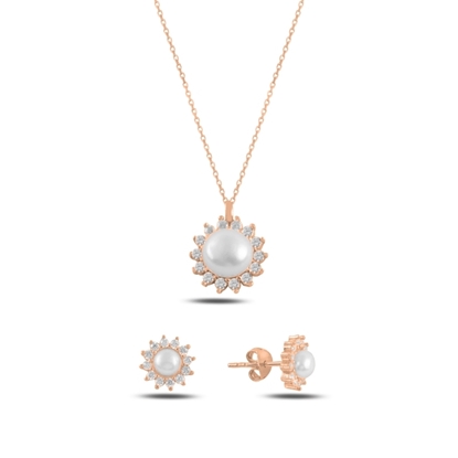 Resim Rose Kaplama Tektaş İnci & Zirkon Taşlı Gümüş Bayan Set