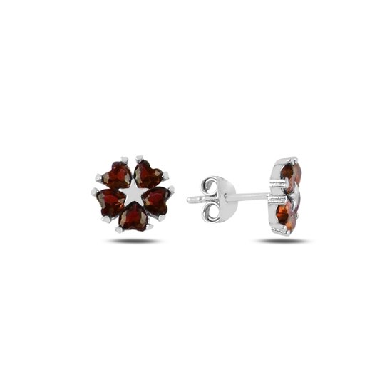 Ürün resmi: Rodyum Kaplama Garnet Zirkon (Kırmızı) Kalp Zirkon Taşlı Çiçek & Yıldız Gümüş Küpe