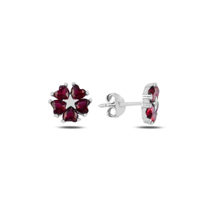 Resim Rodyum Kaplama Yakut Zirkon (Pembe) Kalp Zirkon Taşlı Çiçek & Yıldız Gümüş Küpe