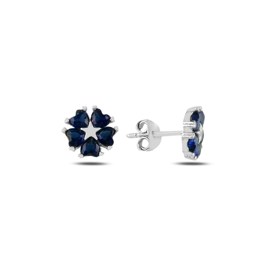 Ürün resmi: Rodyum Kaplama Safir Zirkon (Lacivert) Kalp Zirkon Taşlı Çiçek & Yıldız Gümüş Küpe
