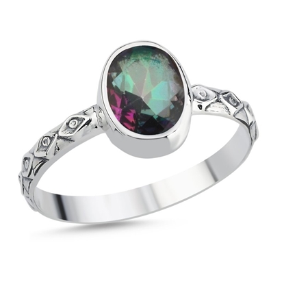 Resim Mistik Topaz Zirkon Taşlı Oval Kesim & Etnik Detaylı Gümüş Bayan Yüzük