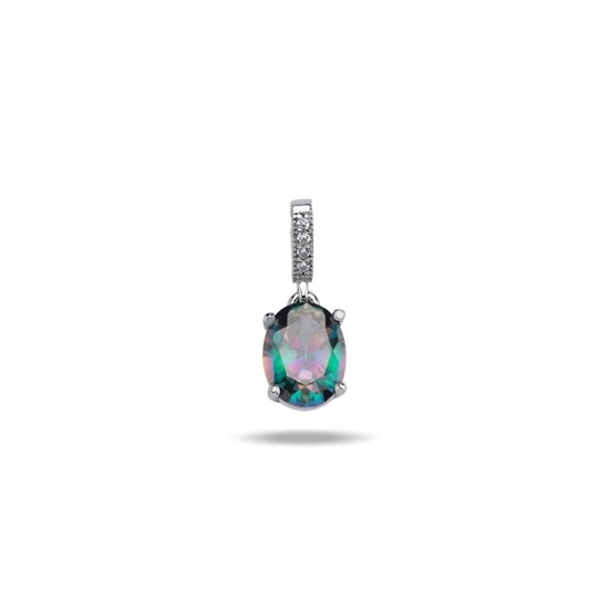 Ürün resmi: Rodyum Kaplama Mistik Topaz Oval & Zirkon Taşlı Tektaş Gümüş Bayan Kolye Ucu