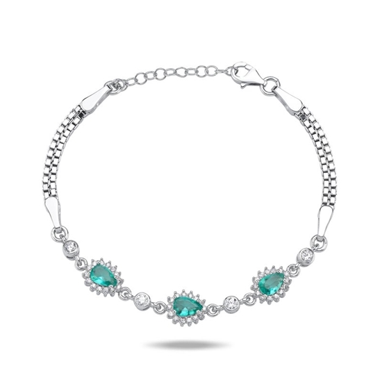 Ürün resmi: Rodyum Kaplama Paraiba Damla & Zirkon Taşlı Küp Zincirli Gümüş Bayan Bileklik