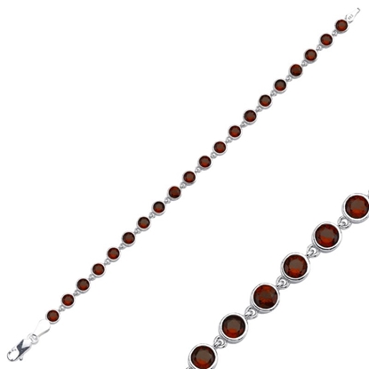 Resim Rodyum Kaplama Garnet Yuvarlak Zirkon Taşlı Suyolu Gümüş Bayan Bileklik