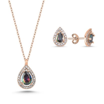 Resim Rose Kaplama Damla Mistik Topaz Zirkon Taşlı Halo Tektaş Gümüş Bayan Set
