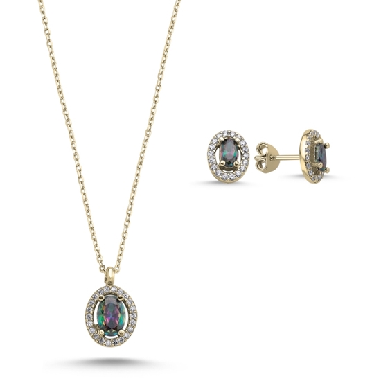 Ürün resmi: Rose Kaplama Oval Mistik Topaz Zirkon Taşlı Halo Tektaş Gümüş Bayan Set