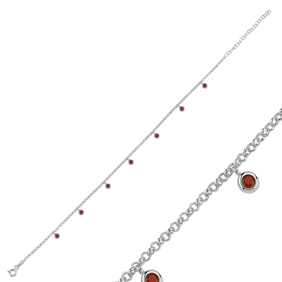Ürün resmi: Rodyum Kaplama Garnet Zirkon Taşlı Doç Zincirli Sallantılı Halhal