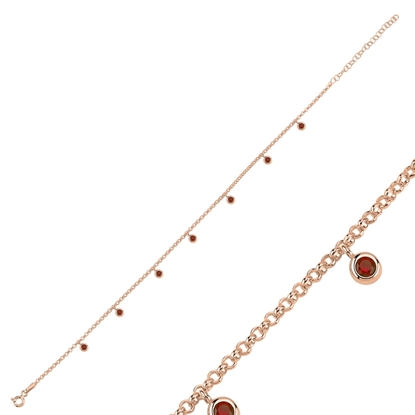 Resim Rose Kaplama Garnet Zirkon Taşlı Doç Zincirli Sallantılı Halhal