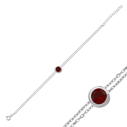 Resim Rodyum Kaplama Garnet Zirkon (Kırmızı) Tektaş Zirkon Taşlı Gümüş Bayan Zincir Bileklik