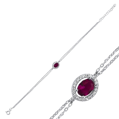 Resim Rodyum Kaplama Yakut Zirkon (Pembe) Halo Tektaş Renkli Zirkon Taşlı Gümüş Bayan Bileklik