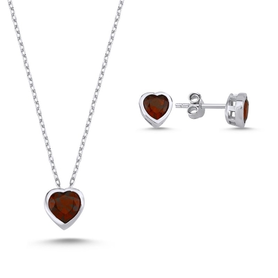 Ürün resmi: Rodyum Kaplama Garnet Zirkon (Kırmızı) Kalp Renkli Zirkon Taşlı Tektaş Gümüş Bayan Set