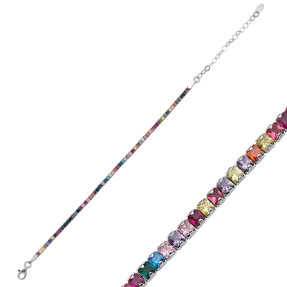 Resim Rose Kaplama 2mm Kare Renkli Zirkon Taşlı Suyolu Gümüş Bayan Bileklik