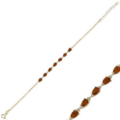 Resim Rodyum Kaplama Garnet Damla & Zirkon Taşlı Doç Zincirli Gümüş Bayan Bileklik