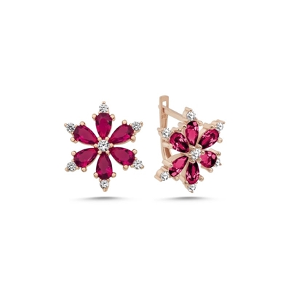 Resim Rose Kaplama Lotus Çiçeği Yakut Zirkon Taşlı Gümüş Küpe