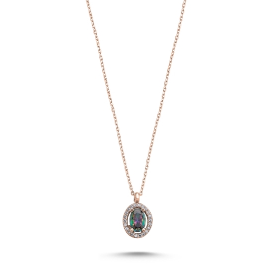 Ürün resmi: Rodyum Kaplama Oval Mistik Topaz Zirkon Taşlı Halo Tektaş Gümüş Bayan Kolye