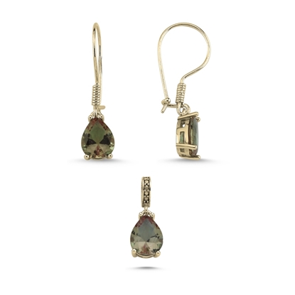 Resim Altın Kaplama 8x10mm Damla Zultanit Zirkon Tektaş Gümüş Bayan Set