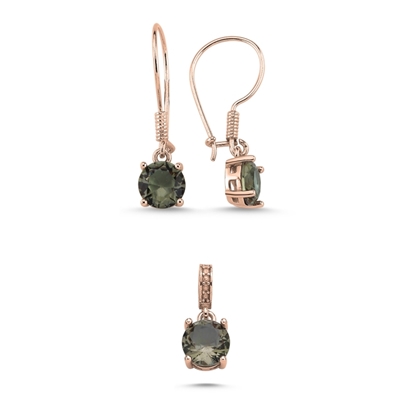 Resim Altın Kaplama 8mm Yuvarlak Zultanit Zirkon Tektaş Gümüş Bayan Set