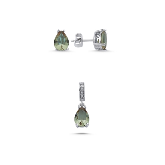 Ürün resmi: Rodyum Kaplama 6x8mm Damla Zultanit Zirkon Tektaş Gümüş Bayan Set