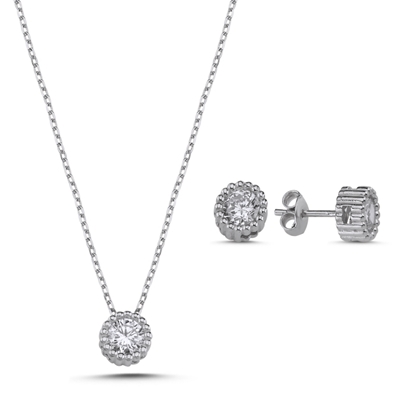 Resim Rodyum Kaplama Tektaş 5mm Zirkon Taşlı Gümüş Bayan Set